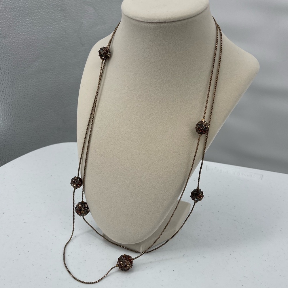 Chico's NWT Estella brass tone gem studded ball rope chain long necklace